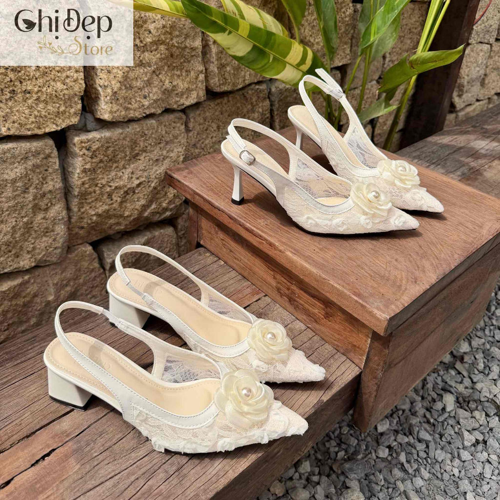 Giày cao gót hoa hồng đi tiệc, giày ren hoa cô dâu 5-7 phân Chị Đẹp Store U150