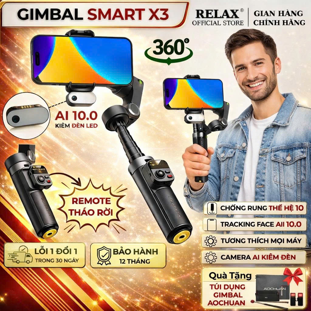 Gimbal Xoay 360 Độ SMART X3, Gymbal chống rung điện thoại quay phim chụp ảnh theo dõi vật thể