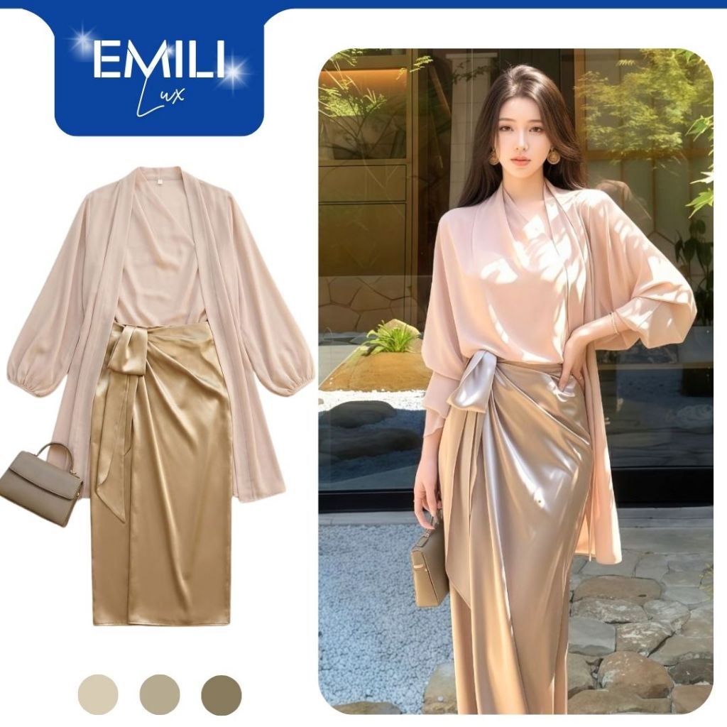 Set áo sơ mi lụa cổ vạt dài chéo tay dài phối chân váy lụa Emili Lux set lụa thiết kế sangtrọng B173