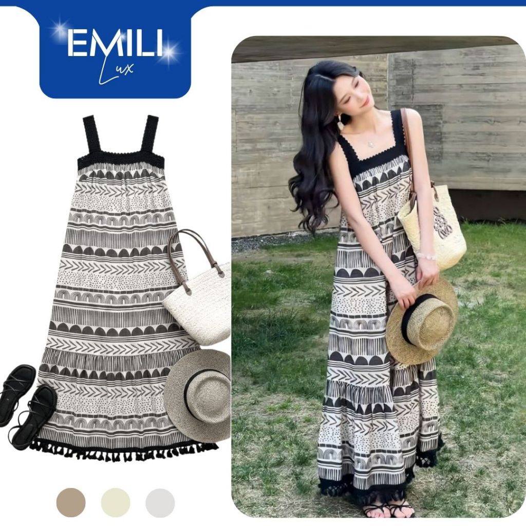 Đầm hai dây dáng suông hoạ tiết thổ cẩm EMILI LUX đầm suông đi biển đi du lịch [V493]