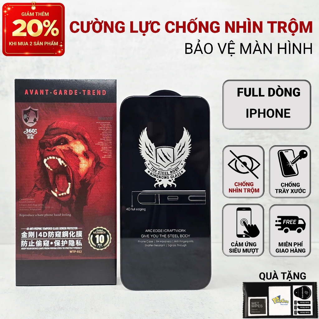 Cường lực dt iphone chống nhìn trộm pikacase 17/16/15/14/13/12/11/Xr/Xs/8/7/6/6s Plus/Pro/Max full m