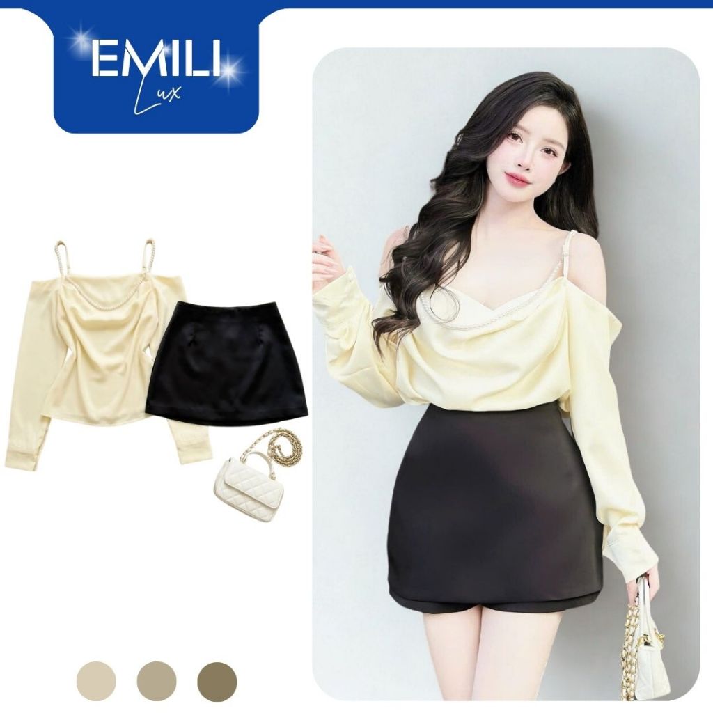 Áo trễ vai dài tay phối ngọc trai Emili Lux áo trễ vai mùa thu phong cách Hàn Quốc đi chơi [A85]