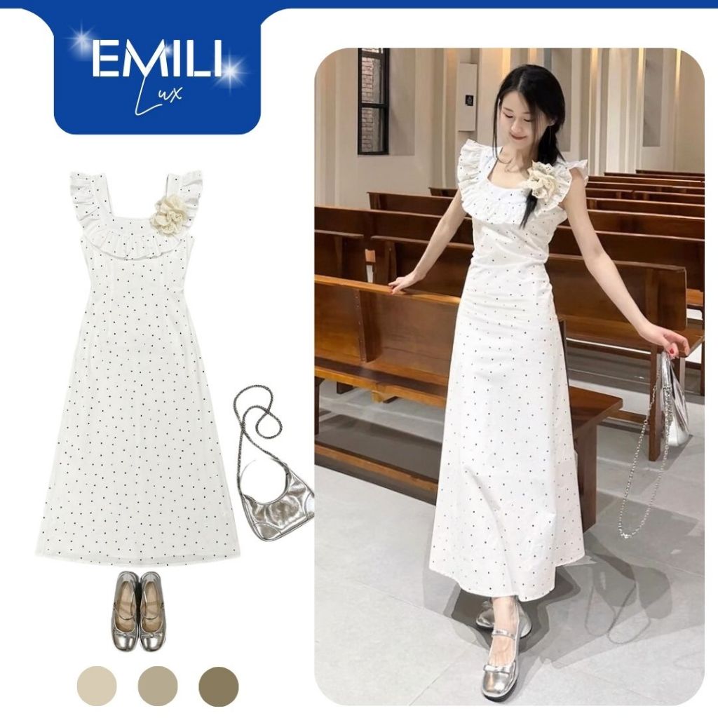 Đầm body họa tiết cổ vuông tai bèo Emili đầm body chấm bi phong cách kiểu nữ [V327]