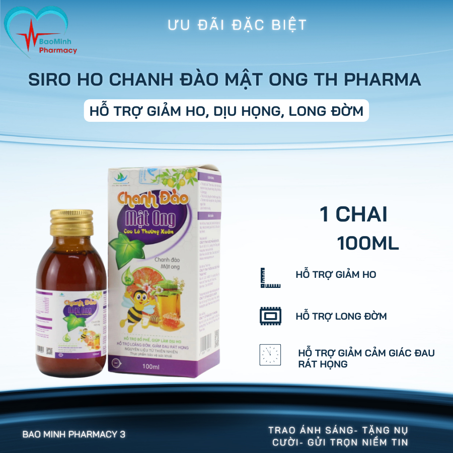Siro Ho Chanh Đào Mật Ong TH Pharma 100ml – Hỗ Trợ Giảm Ho, Dịu Họng, Long Đờm