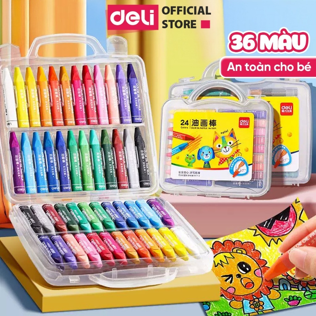 [MỚI] Bút Màu Sáp Dầu Deli - Bút Sáp Hộp Nhựa 12/24/36 Màu Tươi Sáng Mềm Mịn - Thân Bút Màu Hình Tam