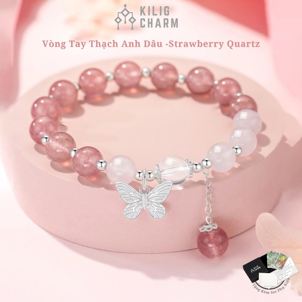 Vòng tay phong thủy mix đá năng lượng thạch anh dâu cho nữ phù hợp nhiều mệnh KILIG CHARM - KC09