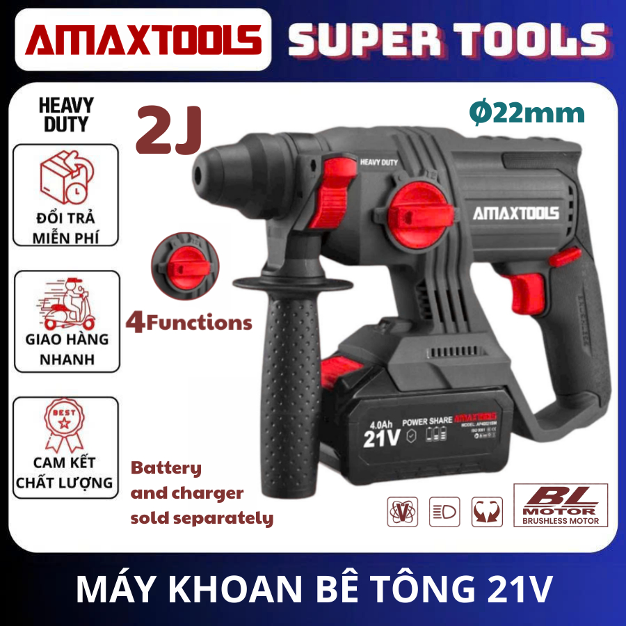 AMAXTOOLS Thân Máy Khoan Bê Tông 4 Chức Năng dùng pin 21V A3CN22SM