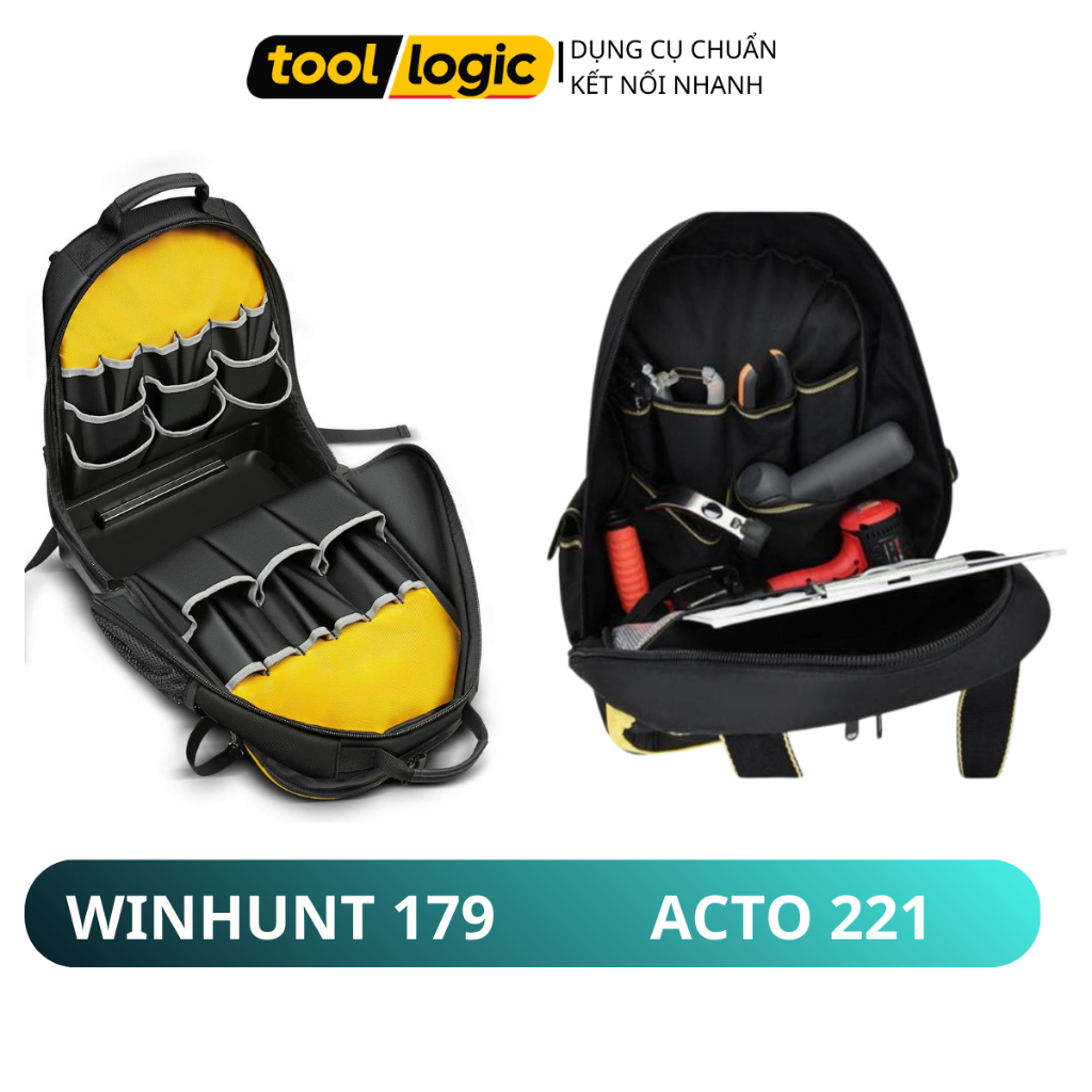 Balo đựng đồ nghề WINHUNT 179 & ACTO 221 – Balo kỹ thuật đế nhựa chống nước, ngăn laptop, vải Oxford