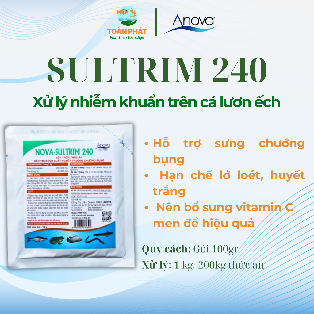 Anova Sultrim 240 - Hổ trợ chuyên biệt trên cá lươn ếch, gói 100gr