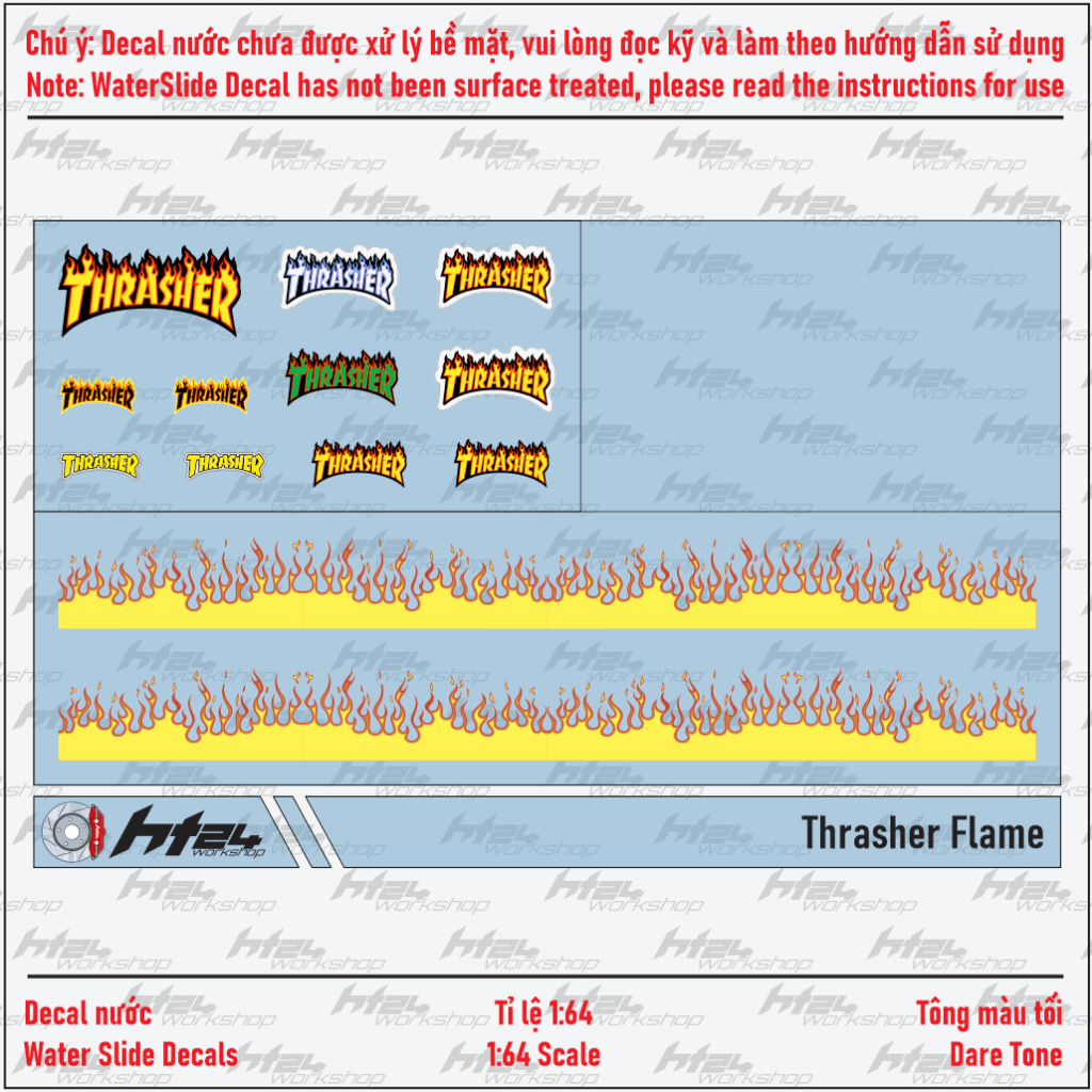 HT24workshop - Decal trượt nước Thrasher Flame cho xe mô hình 1:64 (DARK TONE)