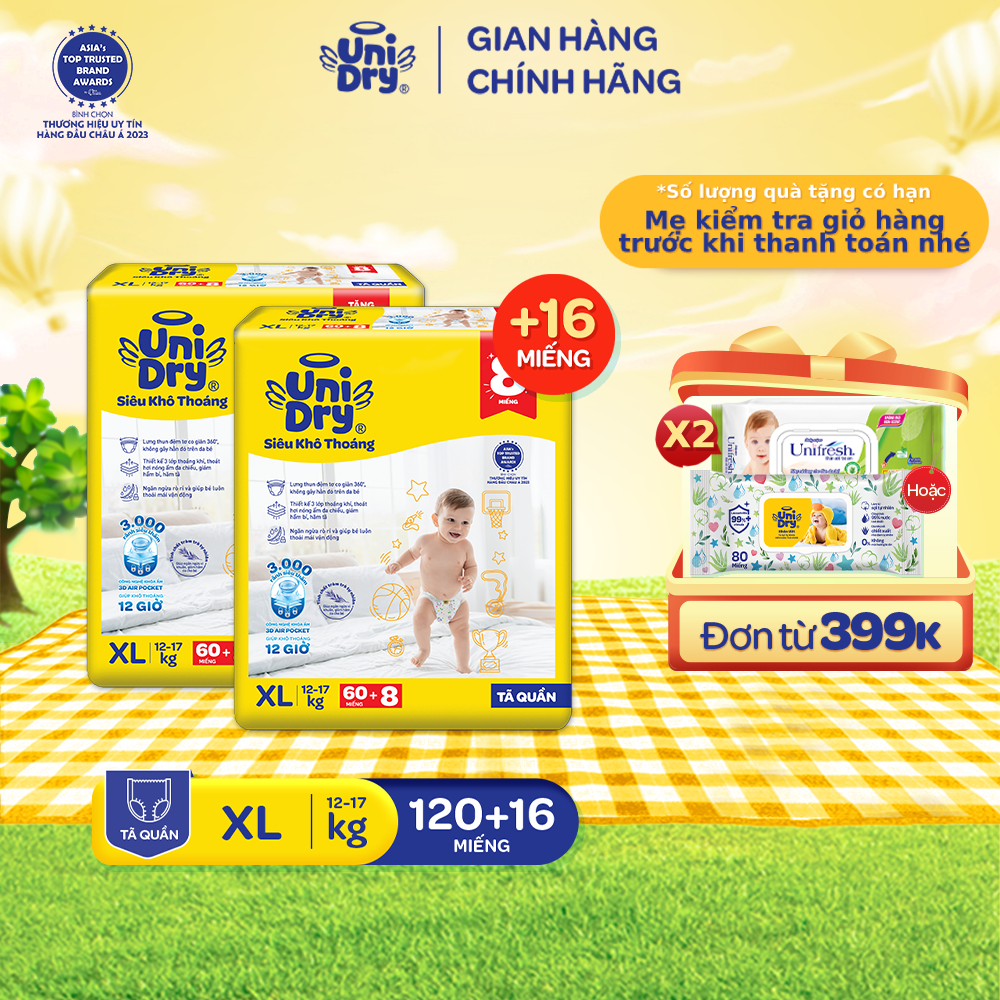 [Siêu khô thoáng] Combo 2 Tã quần UniDry Siêu khô thoáng gói Super Jumbo mới size M76/L68/XL60/XXL54+ 8 miếng