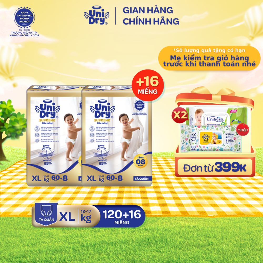 [Siêu mỏng 2mm] Combo 2 tã quần UniDry Supreme size M76/L68/XL60/XXL54 + 8 miếng
