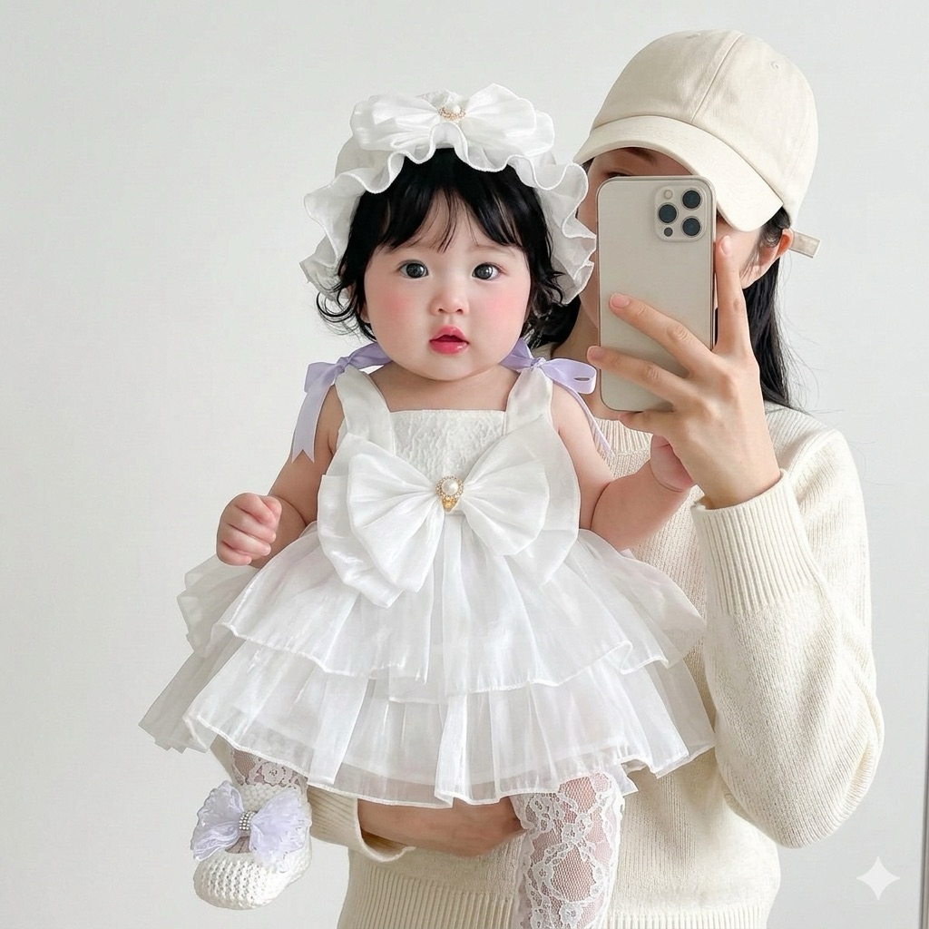 Body váy ren Nhật trắng 2 dây buộc nơ cho bé 5-12kg