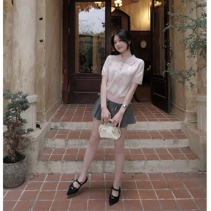 HTIQUE - DEAL mở bán Áo len dệt kim polo hồng pastel, Áo len dệt kim nữ họa tiết quả trám basic nhẹ nhàng AP01 | BigBuy360 - bigbuy360.vn