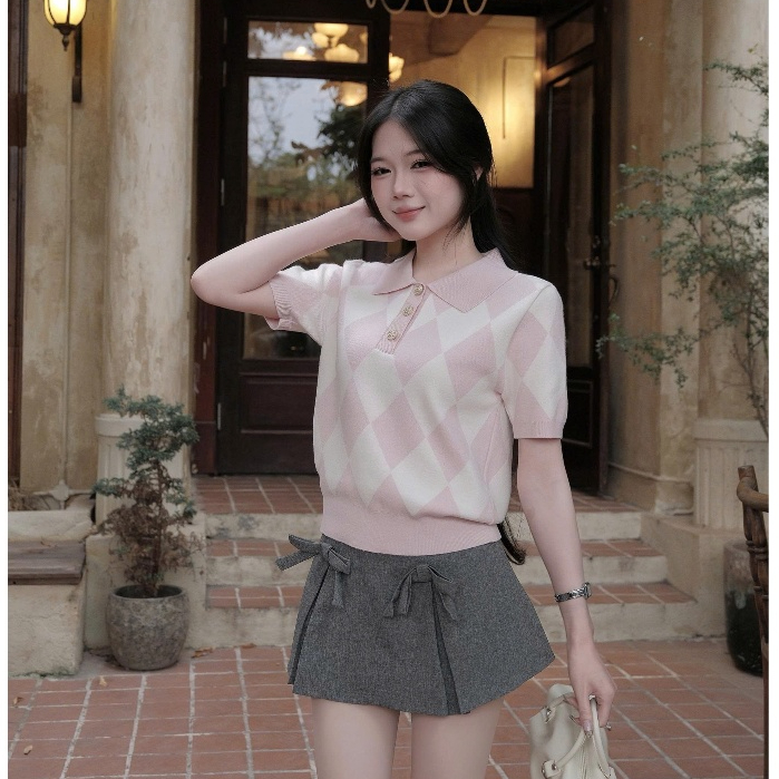 HTIQUE - DEAL mở bán Áo len dệt kim polo hồng pastel, Áo len dệt kim nữ họa tiết quả trám basic nhẹ nhàng AP01 | BigBuy360 - bigbuy360.vn