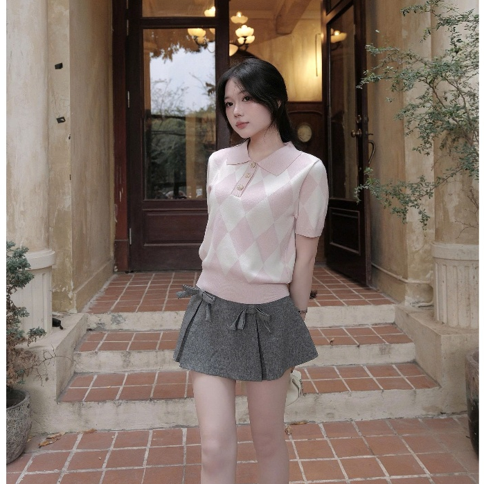 HTIQUE - DEAL mở bán Áo len dệt kim polo hồng pastel, Áo len dệt kim nữ họa tiết quả trám basic nhẹ nhàng AP01 | BigBuy360 - bigbuy360.vn