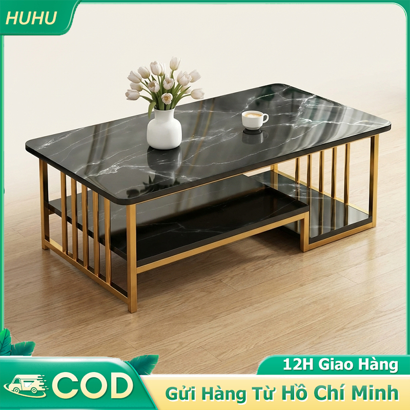 HUHU Bàn trà bàn sofa phòng khách 2 tầng mặt vân đá đen khung vàng sang trọng phong cách hiện đại | BigBuy360 - bigbuy360.vn