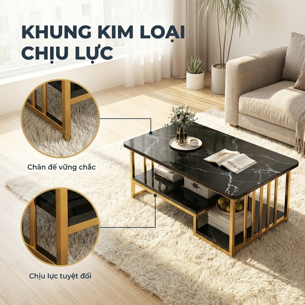 HUHU Bàn trà bàn sofa phòng khách 2 tầng mặt vân đá đen khung vàng sang trọng phong cách hiện đại | BigBuy360 - bigbuy360.vn