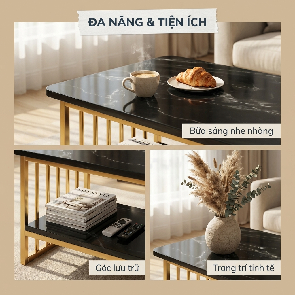 HUHU Bàn trà bàn sofa phòng khách 2 tầng mặt vân đá đen khung vàng sang trọng phong cách hiện đại | BigBuy360 - bigbuy360.vn