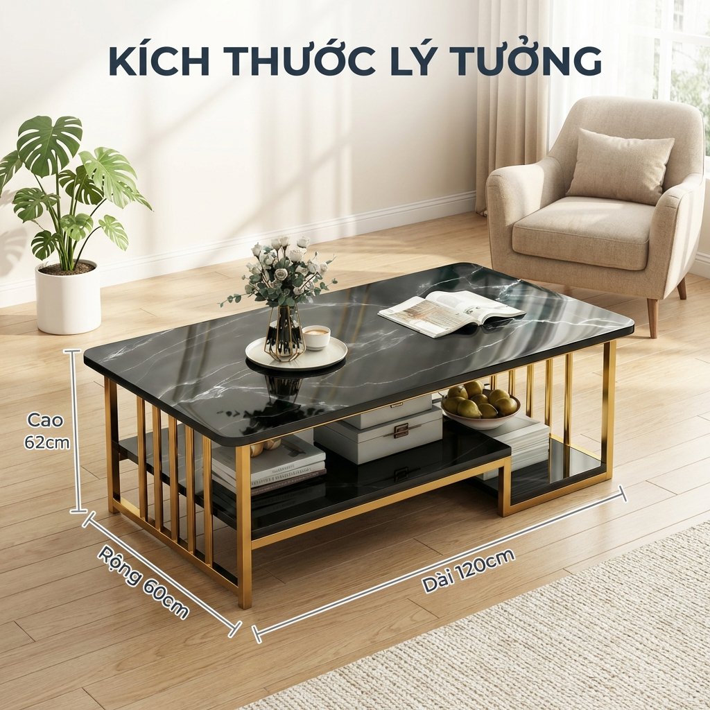 HUHU Bàn trà bàn sofa phòng khách 2 tầng mặt vân đá đen khung vàng sang trọng phong cách hiện đại | BigBuy360 - bigbuy360.vn