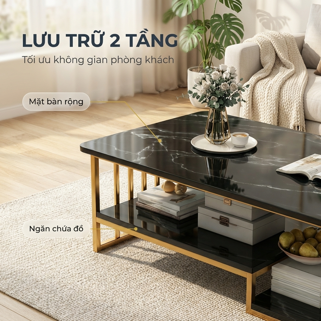 HUHU Bàn trà bàn sofa phòng khách 2 tầng mặt vân đá đen khung vàng sang trọng phong cách hiện đại | BigBuy360 - bigbuy360.vn