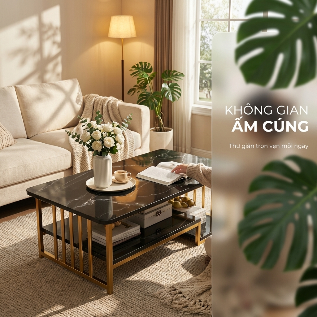 HUHU Bàn trà bàn sofa phòng khách 2 tầng mặt vân đá đen khung vàng sang trọng phong cách hiện đại | BigBuy360 - bigbuy360.vn