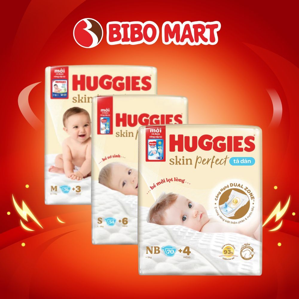 Tã Bỉm Dán Sơ Sinh Huggies Skin Perfect Thoáng Khí Thấm Hút Nhanh NB74/NB108/S80/M76 - Bibo Mart