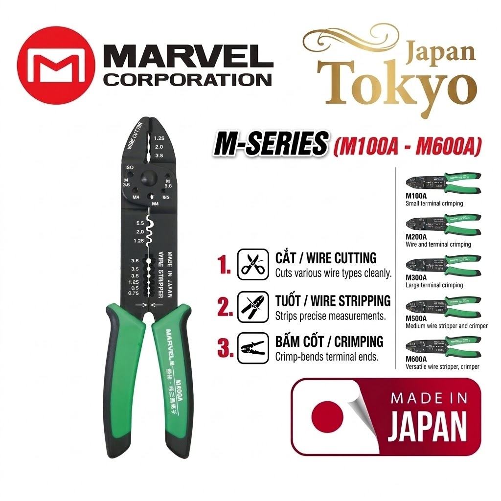 Marvel JAPAN Kìm tuốt dây điện đa năng M400A (M100A-M600A) - Thép CR-V cao cấp, cắt/tuốt/bấm cốt cực