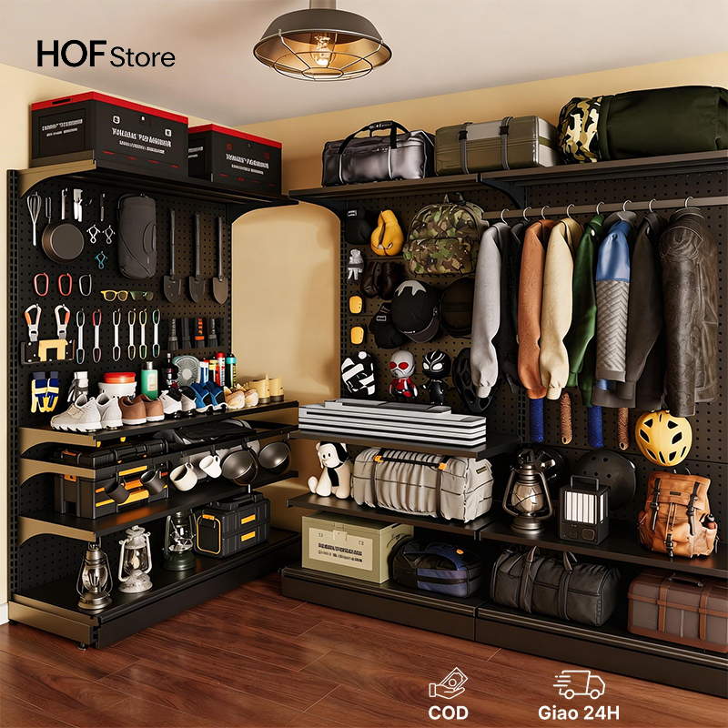 HOF Kệ lưu trữ bảng lỗ khung kim loại trưng bày đồ dã ngoại cắm trại đạp xe leo núi treo dụng cụ