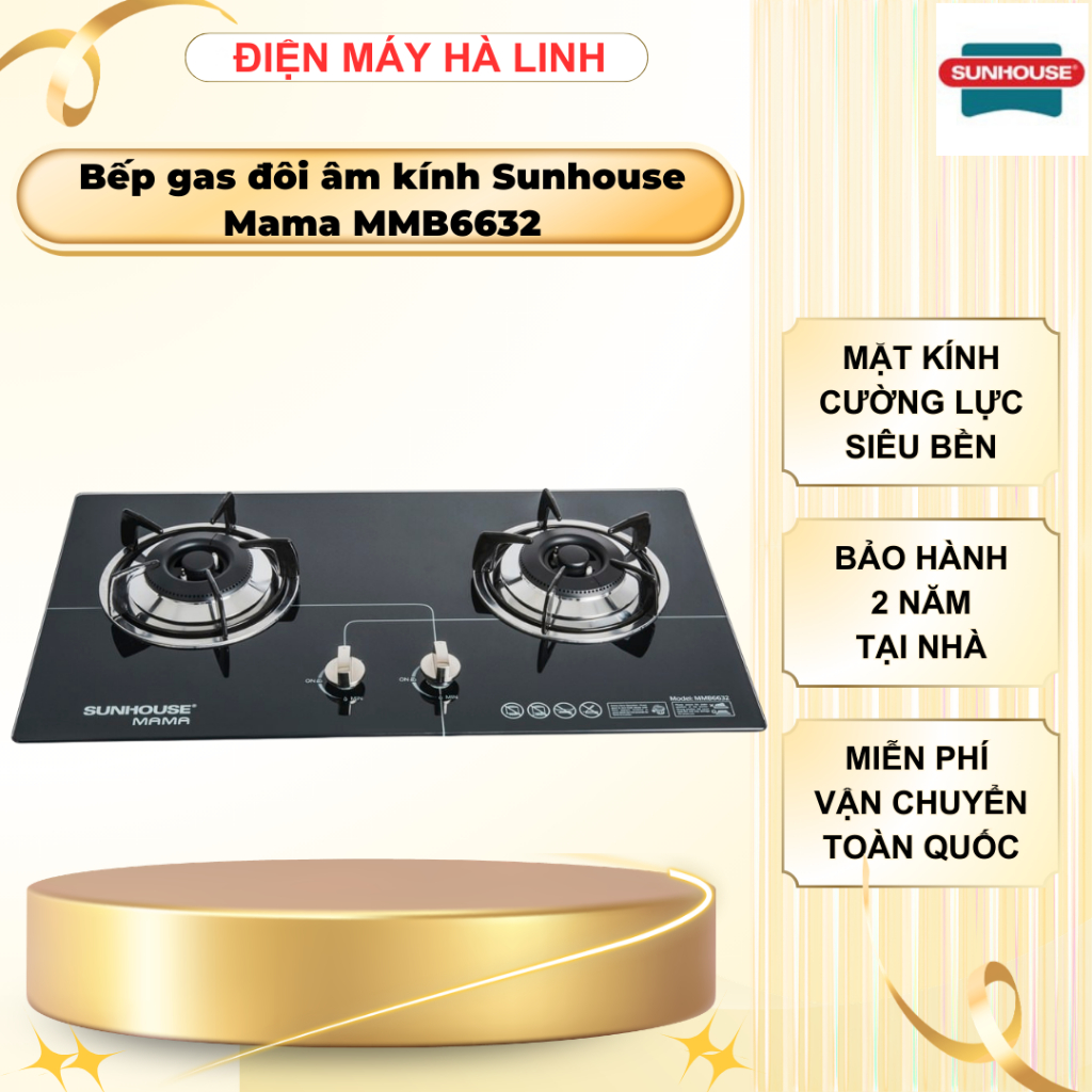 Bếp gas đôi âm kính Sunhouse Mama MMB6632, Mặt kính cường lực, Pep đồng thau, BH 2 năm tại nhà