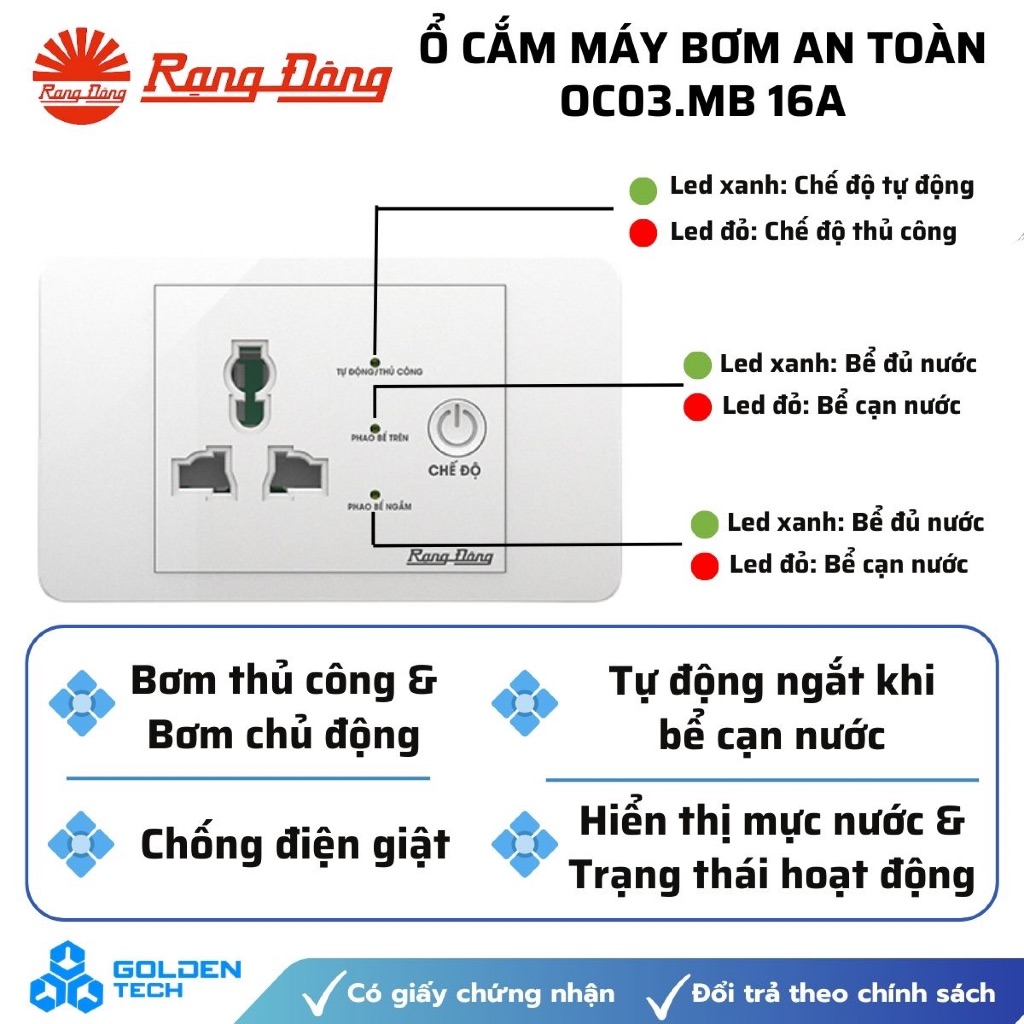 Ổ cắm máy bơm an toàn Rạng Đông - Model: OC03.MB 16A