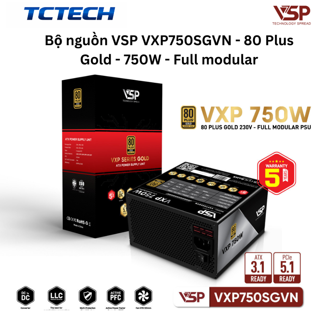 Bộ nguồn VSP VXP750SGVN - 80 Plus Gold - 750W - Full modular Chính Hãng