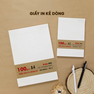 Xấp 100 tờ ruột giấy kem in kẻ dòng A4, A5 - 100gsm dùng cho làm sổ tay handmade, viết thư