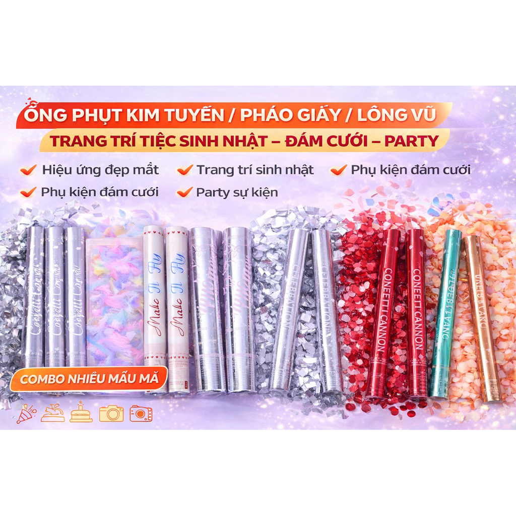 Ống Phụt Kim Tuyến Bạc Vàng – Pháo Giấy Trang Trí Tiệc Cưới, Sinh Nhật, Check In Sự Kiện