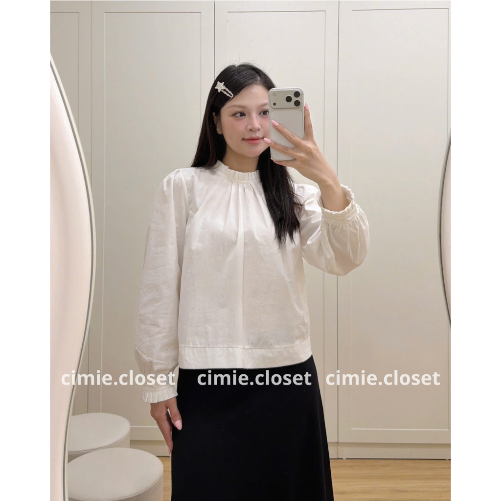 Áo sơ mi tay bồng cổ trụ viền tay áo xếp ly vạt áo buộc nơ sau by Cimie Closet