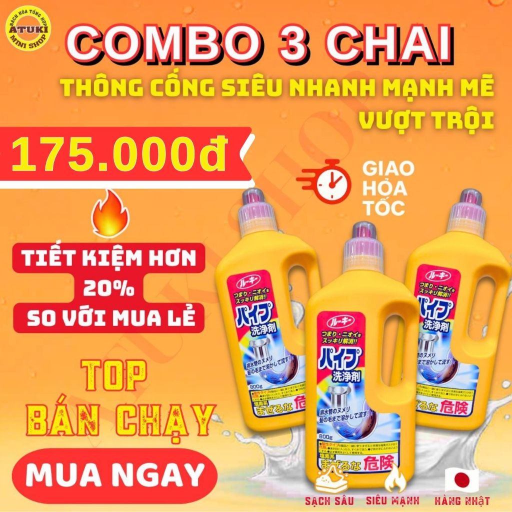 Combo 3 Chai Nước Thông Cống Nhật 800g – Mạnh Mẽ, Nhanh Chóng, Dễ Dùng