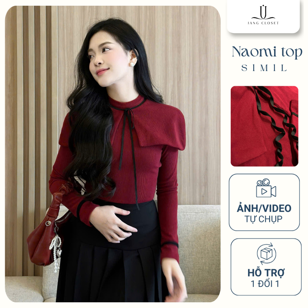 [JANGCLOSET]Áo thun gân phối choàng co dãn phù hợp đi làm đi chơi Naomi Top (Trắng/Đỏ Đô)