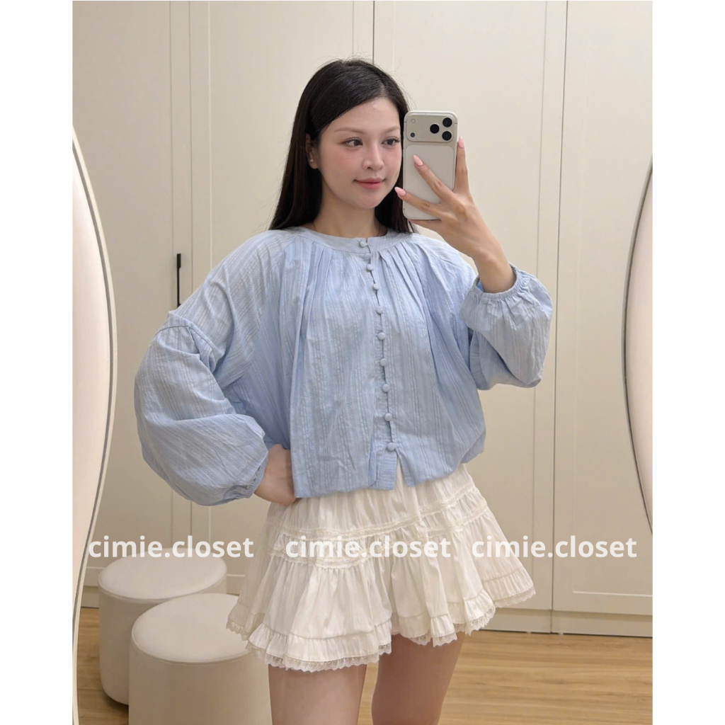 Áo bom cổ trụ khuy bọc tay phồng bo eo dài tay thanh lịch by Cimie Closet