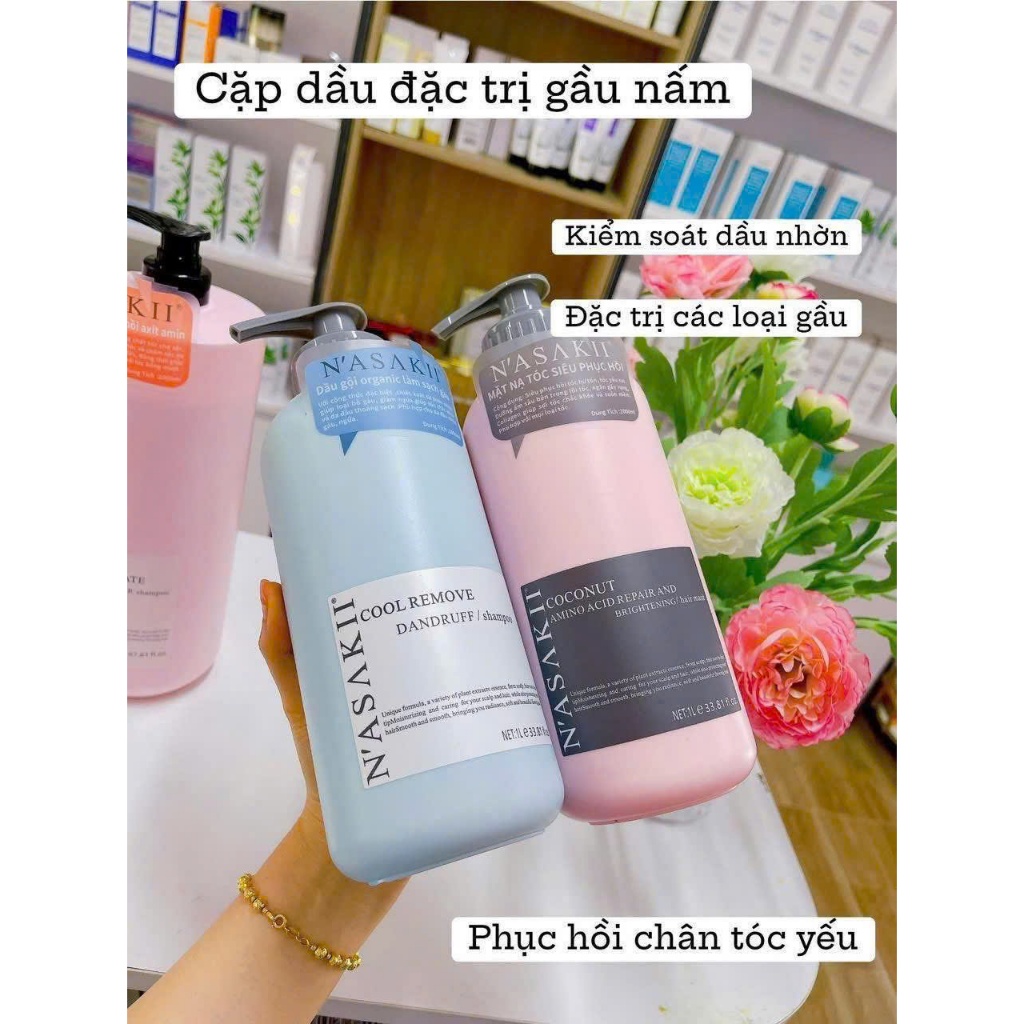 Cặp gội xả NASAKI 1000ml – hỗ trợ chăm sóc tóc khô xơ, giúp tóc mềm mượt và dễ vào nếp