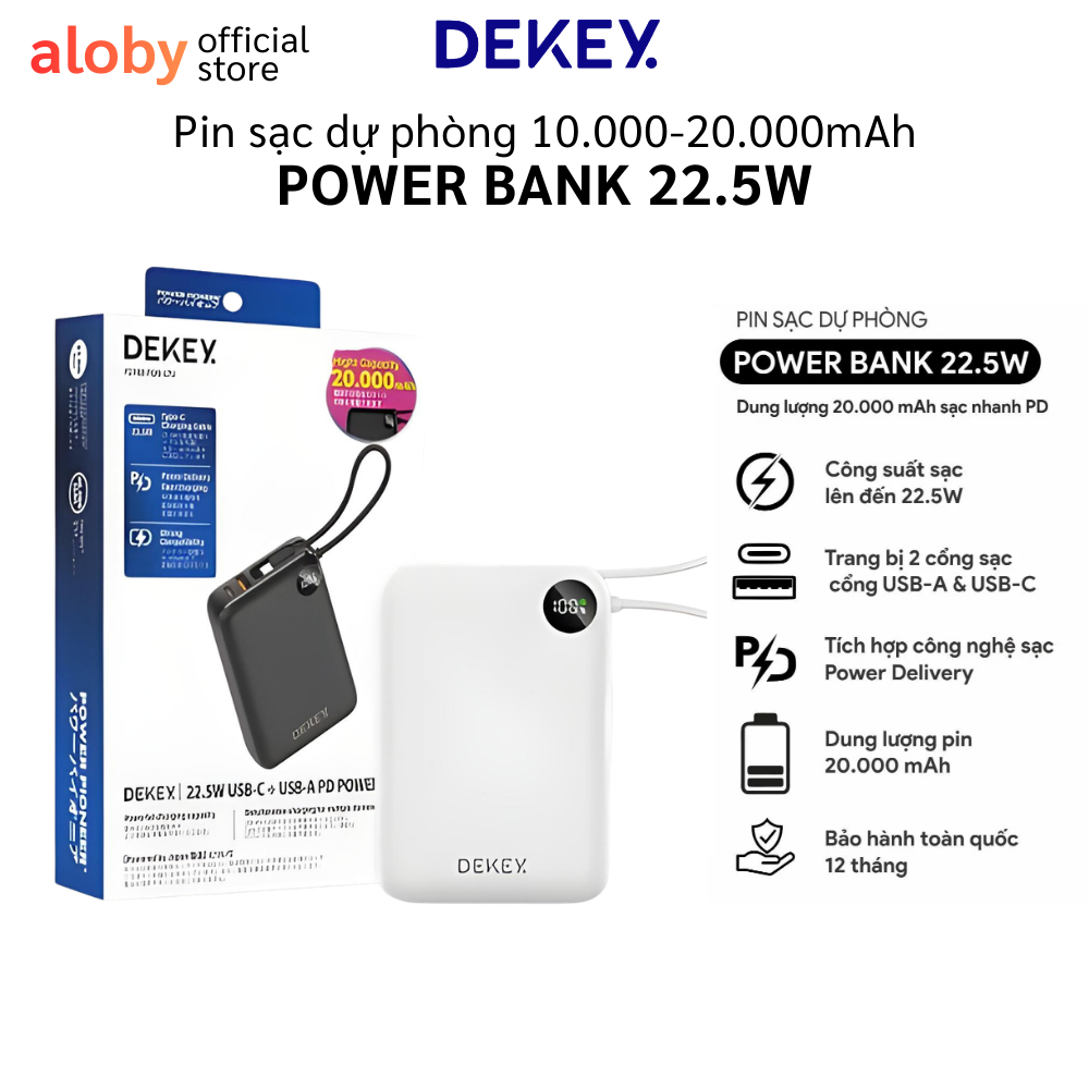 Pin Dự Phòng DEKEY Power Pioneer 10.000mAh sạc nhanh 22.5W USB-C PD Power Bank, có màn hình Led ,chí