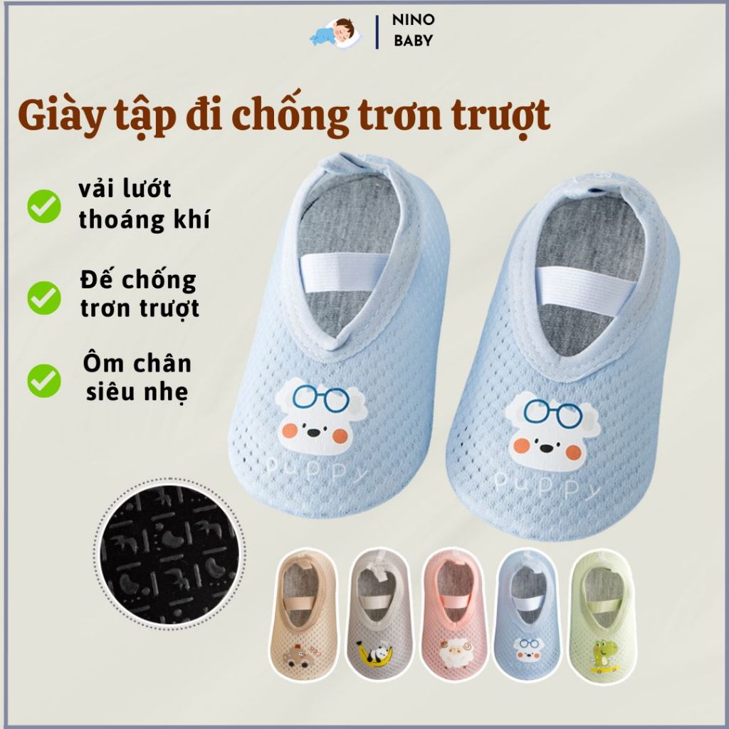 Giày tập đi cho bé chống trơn trượt, đế phủ silicone, chun co giãn thoải mái dép đi trong nhà cho bé Nino Baby