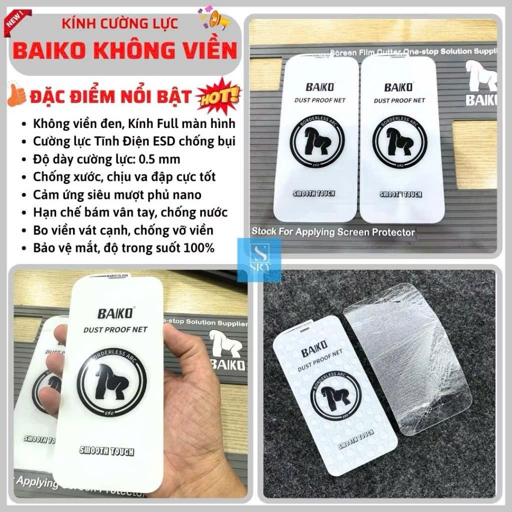 Kính cường lực iphone Baiko không viền Full màn hình cho ip 17 Air 16 15 14 13 12 11 Pro Max X Xs Xr