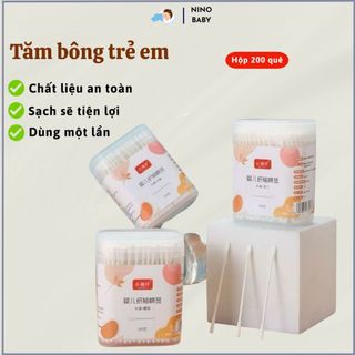 Tăm bông cho bé sơ sinh hộp 200c, tăm bông tự nhiên, tăm bông 2 chiều cho bé Nino Baby