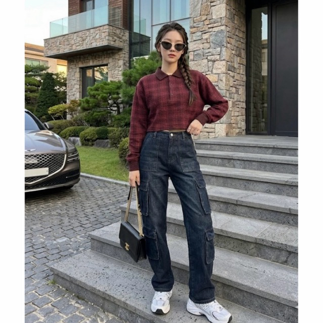 ÁO LEN MONGTOGI ĐỎ CARO CỔ POLO – CROPTOP CÁ TÍNH, MẶC ĐẸP 4 MÙA