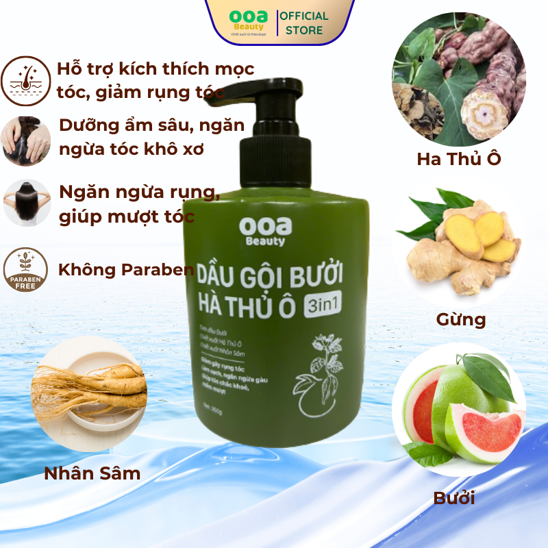 Dầu Gội Bưởi - Dầu Gội Hà Thủ Ô - Hỗ Trợ Làm Đen Tóc, Giảm Gàu, Ngăn Rụng Tóc - Ooa Beauty 350ml
