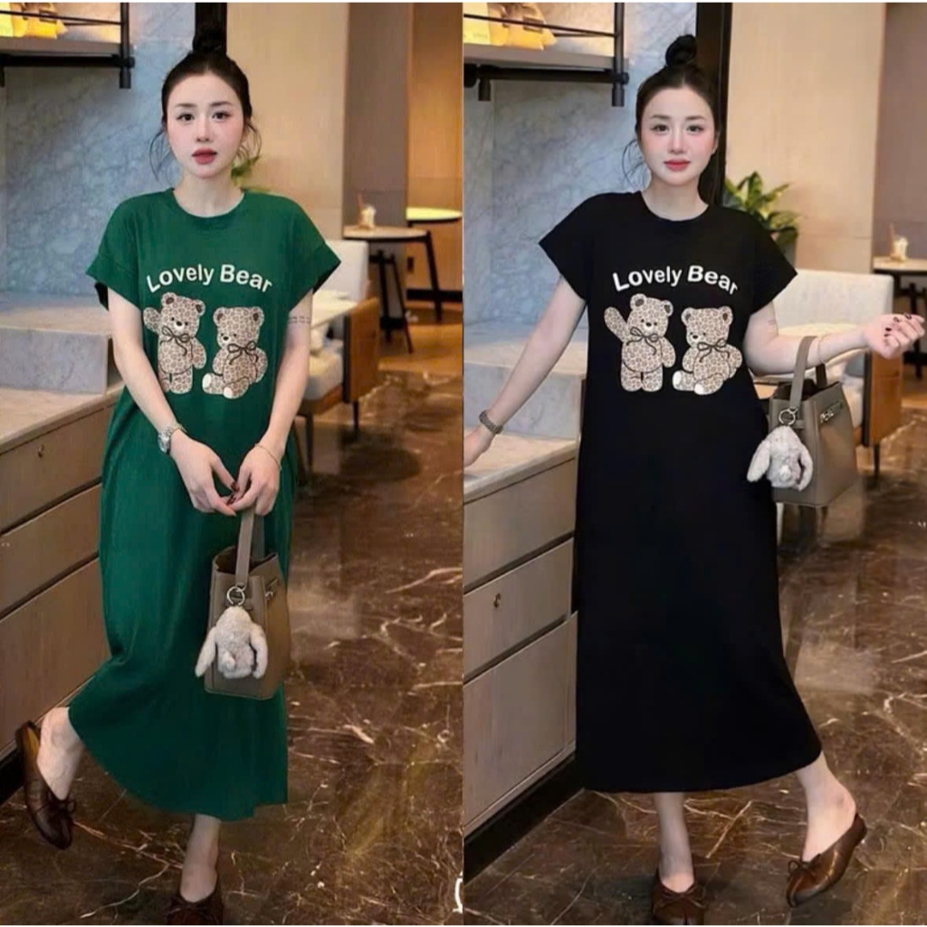 Đầm suông dài , váy suông bầu chất cotton Gemmy House in hình Lovely Bear