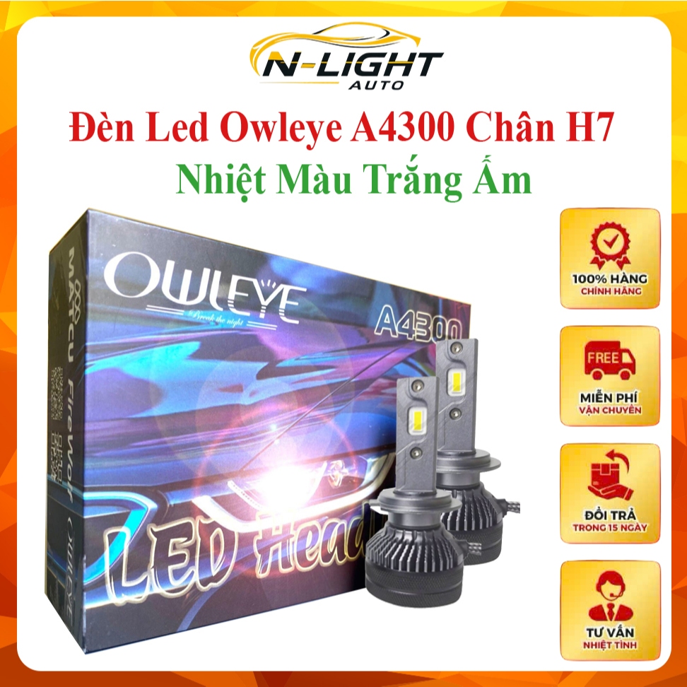 Bóng led Owleye A4300-H7, ánh sáng vàng nắng 4300K hỗ trợ đi mưa