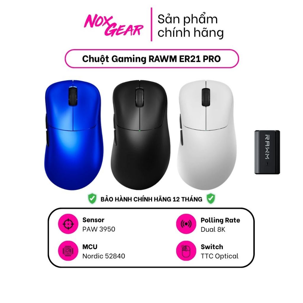 RAWM ER21 Pro - Chuột Gaming Wireless Công Thái Học - PAW3950 - 8K Polling Rate - Bảo Hành Chính Hãn