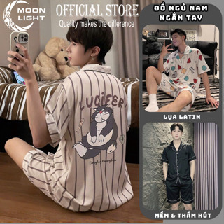 Bộ đồ ngủ nam ngắn tay vải lụa satin mềm mại thoáng mát họa tiết in đơn giản size L- 3XL