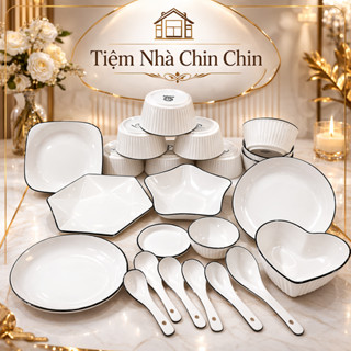 Bộ Bát Đĩa Gia Đình 24 Món Sứ Trắng Viền Đen – Set Chén Đĩa Bát Cơm Dáng Vuông Cao Cấp Bàn Ăn Hiện Đại